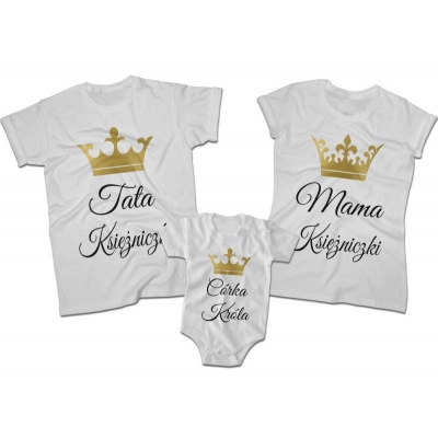 Zestaw koszulek dla rodziców i córki Tata Mama korona